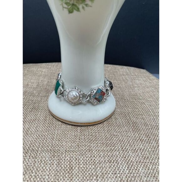 Vtg STUNNING Sarah Coventry FROST CABOCHON STONES ART DECO SLIVER Bracelet - Picture 10 of 10